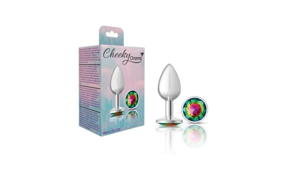 Cheeky Charms Silver Round Butt Plug w Rainbow Jewel Small - Just for you desires