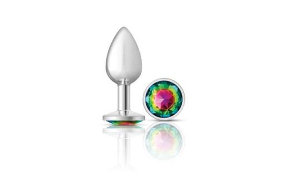 Cheeky Charms Silver Round Butt Plug w Rainbow Jewel Small - Just for you desires