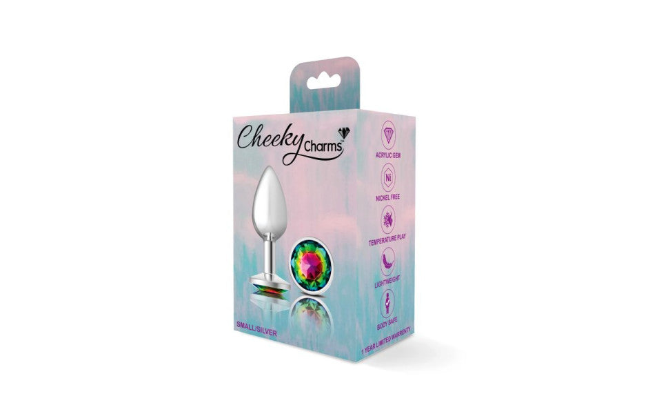 Cheeky Charms Silver Round Butt Plug w Rainbow Jewel Small - Just for you desires
