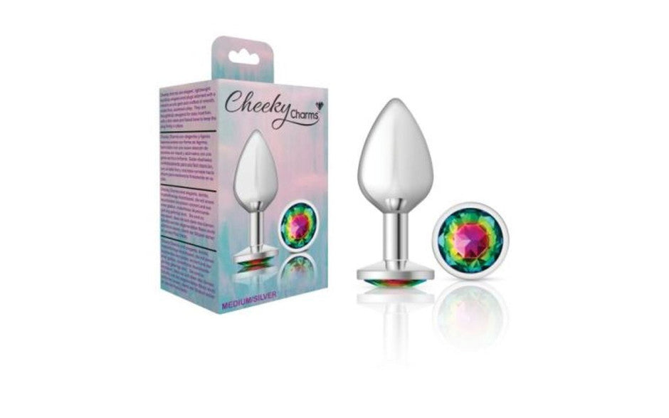 Cheeky Charms Silver Round Butt Plug w Rainbow Jewel Medium - Just for you desires