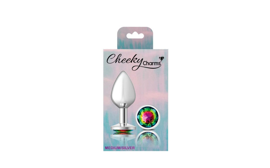 Cheeky Charms Silver Round Butt Plug w Rainbow Jewel Medium - Just for you desires