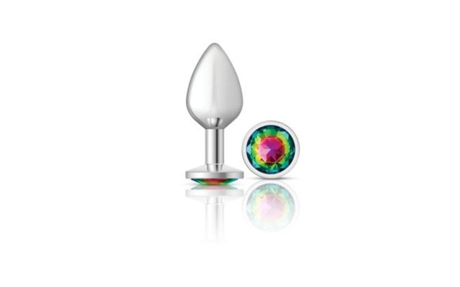 Cheeky Charms Silver Round Butt Plug w Rainbow Jewel Medium - Just for you desires