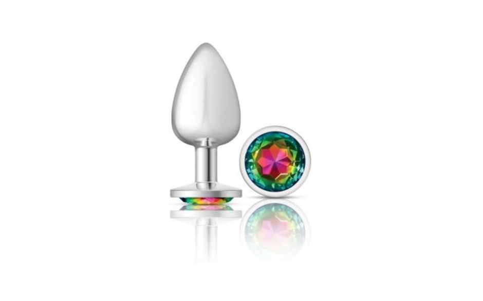 Cheeky Charms Silver Round Butt Plug w Clear Iridescent Jewel Medium - Just for you desires