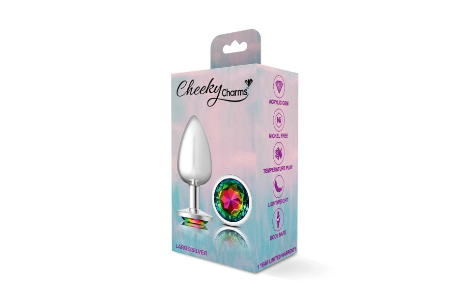 Cheeky Charms Silver Round Butt Plug w Clear Iridescent Jewel Medium - Just for you desires
