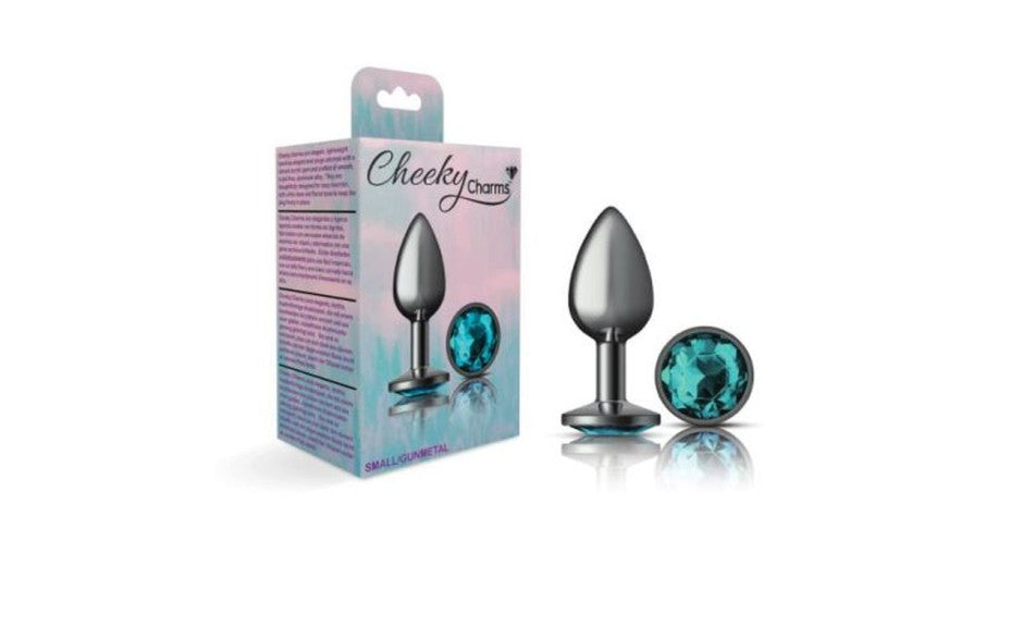 Cheeky Charms Gunmetal Round Butt Plug w Teal Jewel Small - Just for you desires