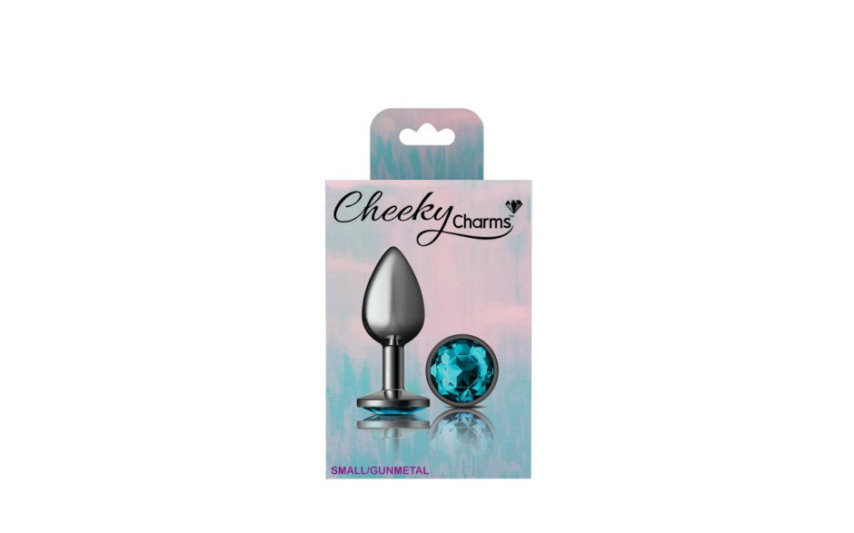 Cheeky Charms Gunmetal Round Butt Plug w Teal Jewel Small - Just for you desires