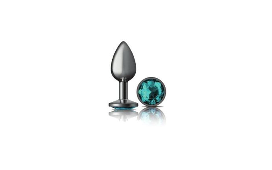 Cheeky Charms Gunmetal Round Butt Plug w Teal Jewel Small - Just for you desires