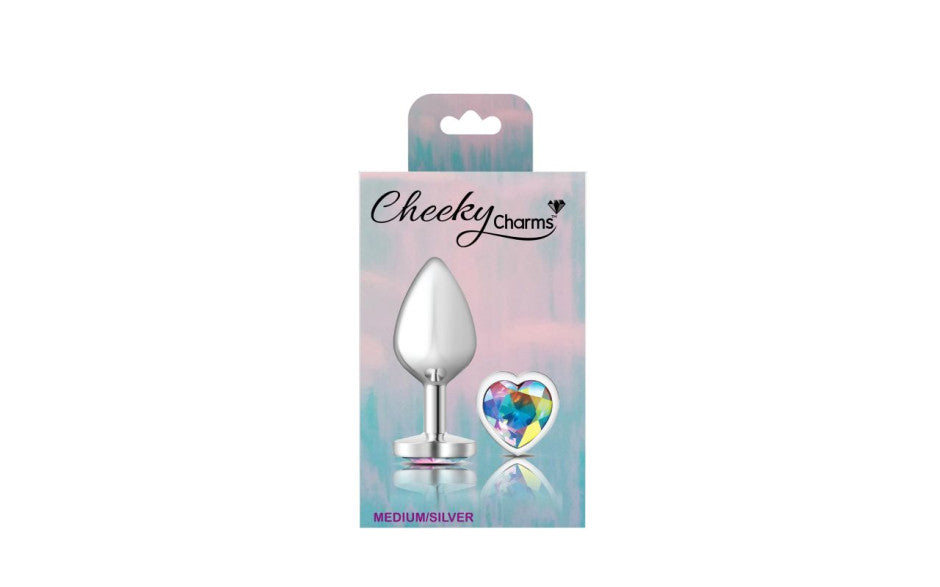 Cheeky Charms Silver Metal  Butt Plug w Heart Clear Jewel Medium - Just for you desires