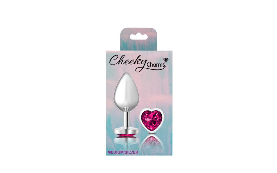 Cheeky Charms Silver Metal  Butt Plug w Heart Pink Jewel Medium - Just for you desires