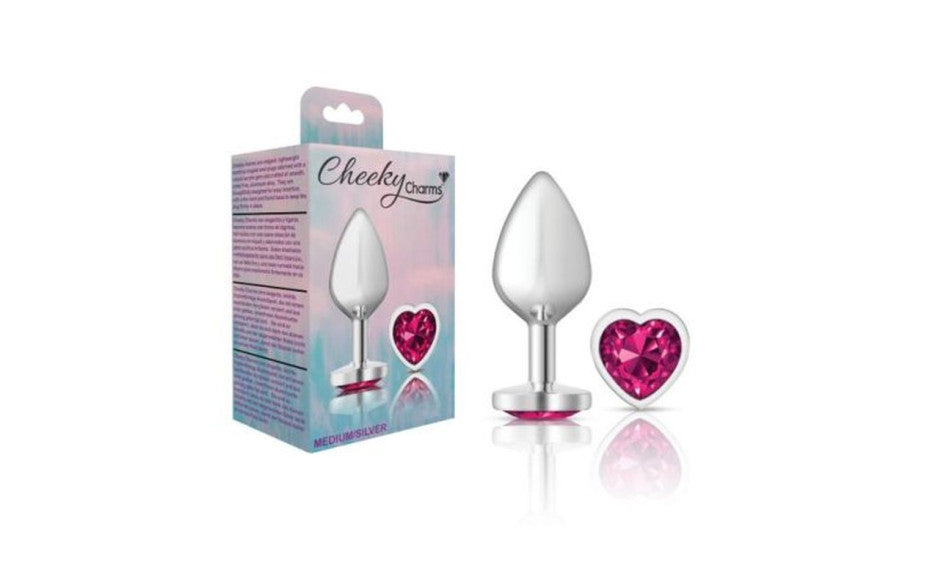 Cheeky Charms Silver Metal  Butt Plug w Heart Pink Jewel Medium - Just for you desires