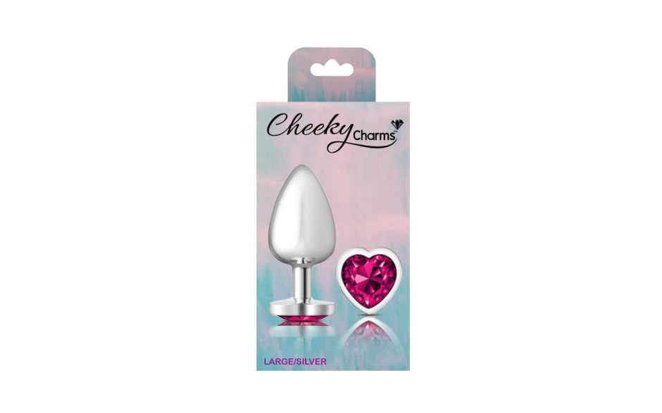 Cheeky Charms Silver Metal  Butt Plug w Heart Pink Jewel Large - Just for you desires