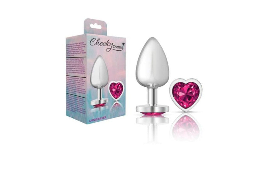 Cheeky Charms Silver Metal  Butt Plug w Heart Pink Jewel Large - Just for you desires