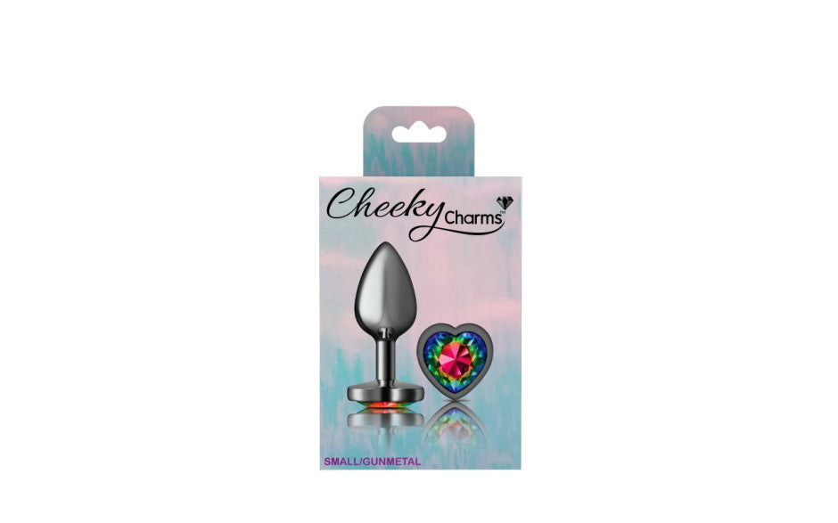 Cheeky Charms Gunmetal  Butt Plug w Heart Rainbow Jewel Small - Just for you desires