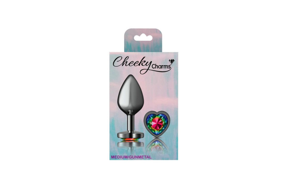 Cheeky Charms Gunmetal  Butt Plug w Heart Rainbow Jewel Medium - Just for you desires