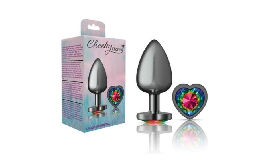 Cheeky Charms Gunmetal  Butt Plug w Heart Rainbow Jewel Large - Just for you desires