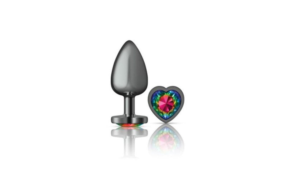 Cheeky Charms Gunmetal  Butt Plug w Heart Rainbow Jewel Large - Just for you desires