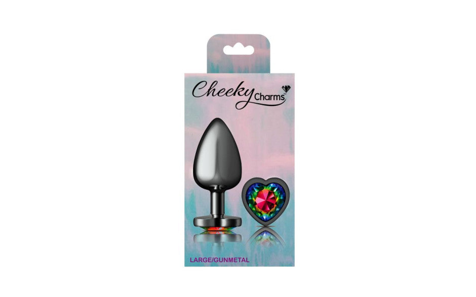 Cheeky Charms Gunmetal  Butt Plug w Heart Rainbow Jewel Large - Just for you desires