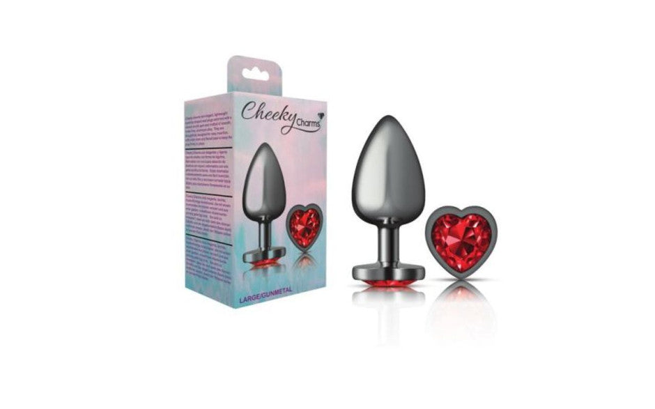 Cheeky Charms Gunmetal  Butt Plug w Heart Red Jewel Medium - Just for you desires