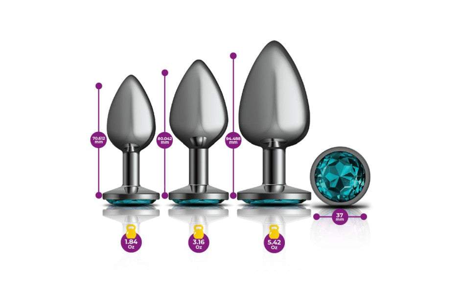 Cheeky Charms Round Metal Butt Plug Gunmetal 3 Pc Kit w Teal Jewel - Just for you desires