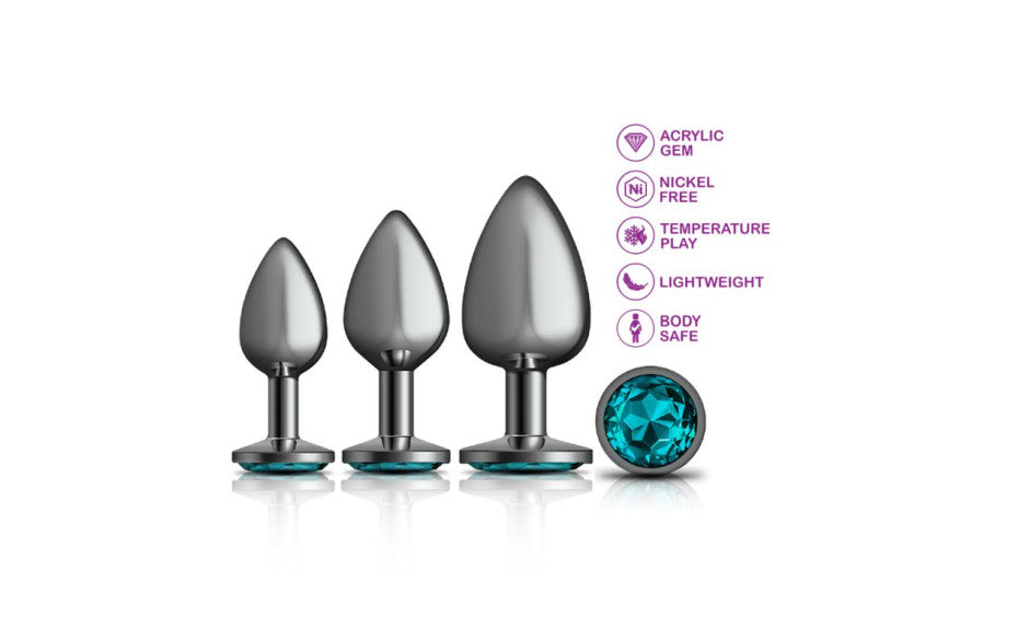 Cheeky Charms Round Metal Butt Plug Gunmetal 3 Pc Kit w Teal Jewel - Just for you desires