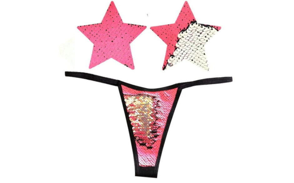 Bitchin Neon Pink and Silver Blacklight Sequin Pastie and Panty Set - Just for you desires