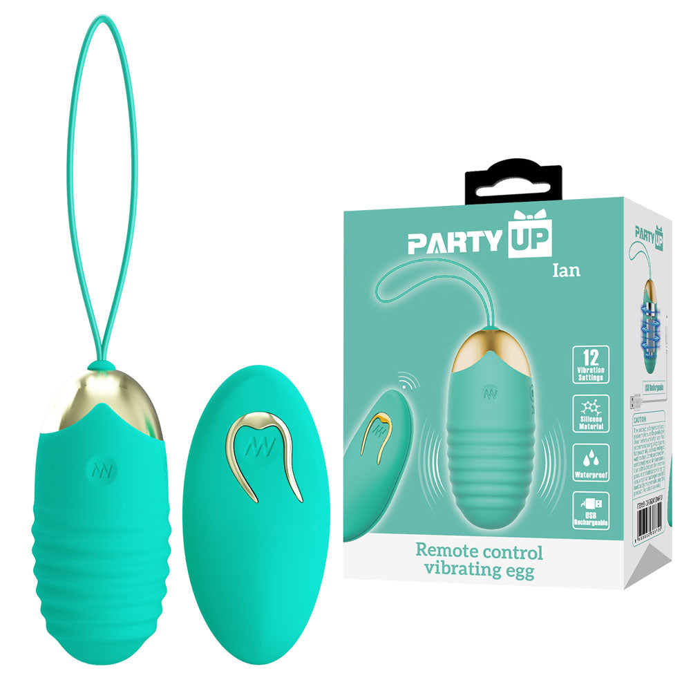 Party Up IAN Remote Egg - Teal - Teal USB Rechargeable Vibrating Egg with Wireless Remote - Just for you desires