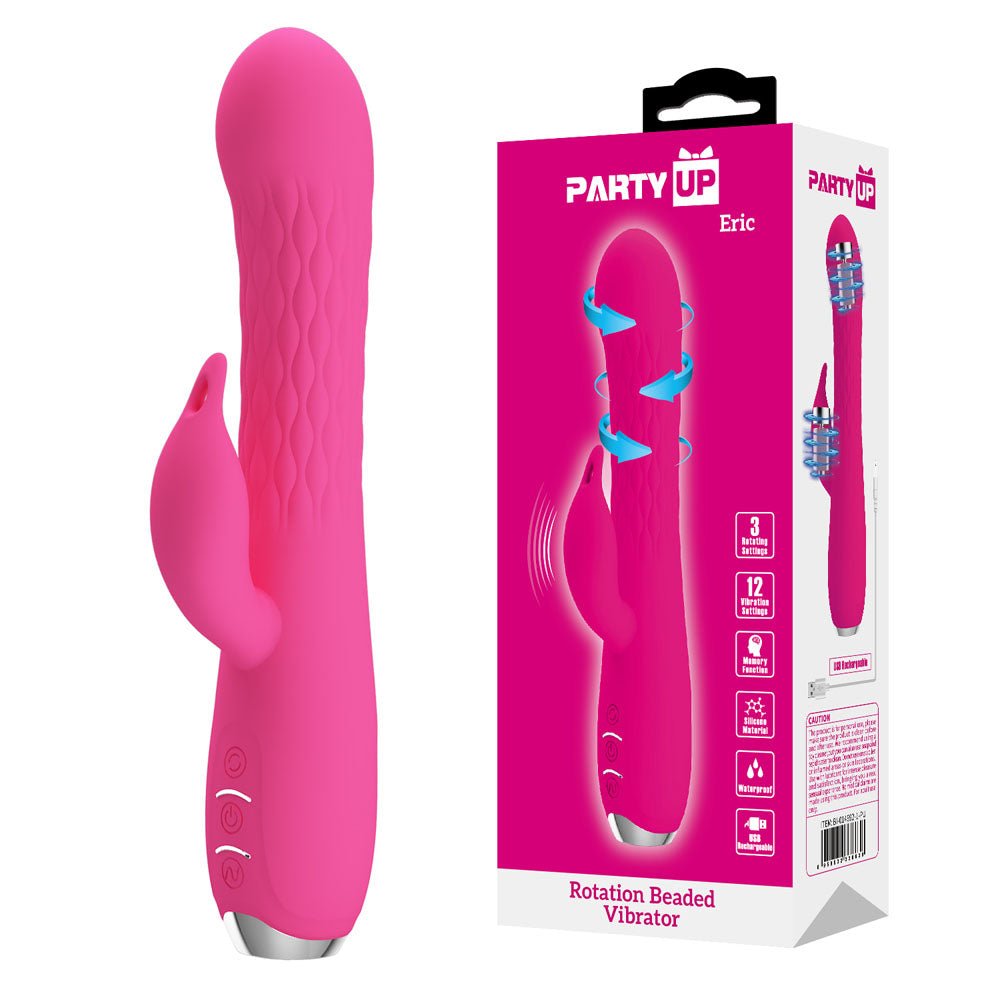 Party Up ERIC Rotating Beads Vibrator - Pink - Pink 20.5 cm USB Rechargeable Rabbit Vibrator with Rotating Bead Shaft - Just for you desires