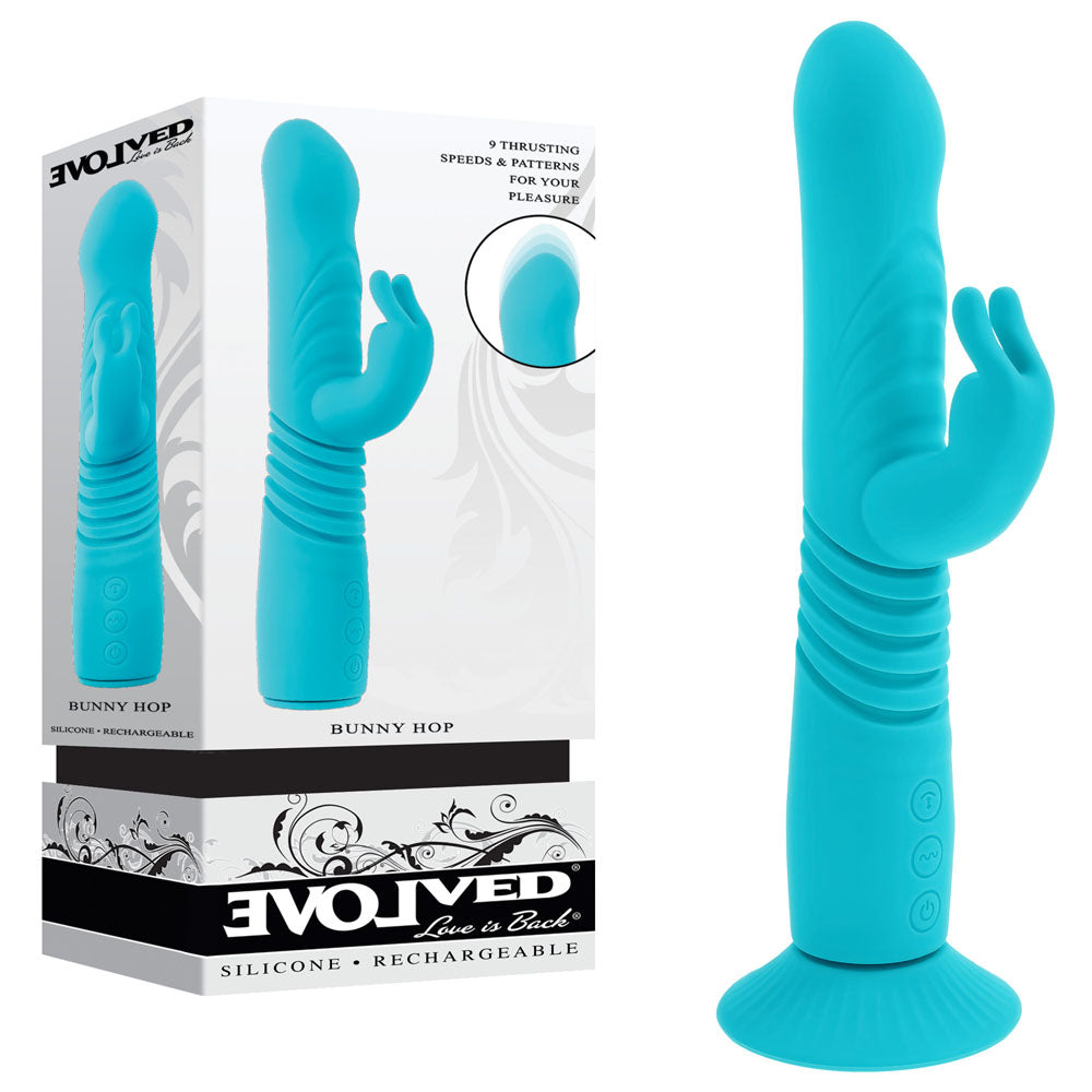 Evolved BUNNY HOP - Teal 25.1 cm USB Rechargeable Thrusting Rabbit Vibrator with Suction Base - Just for you desires