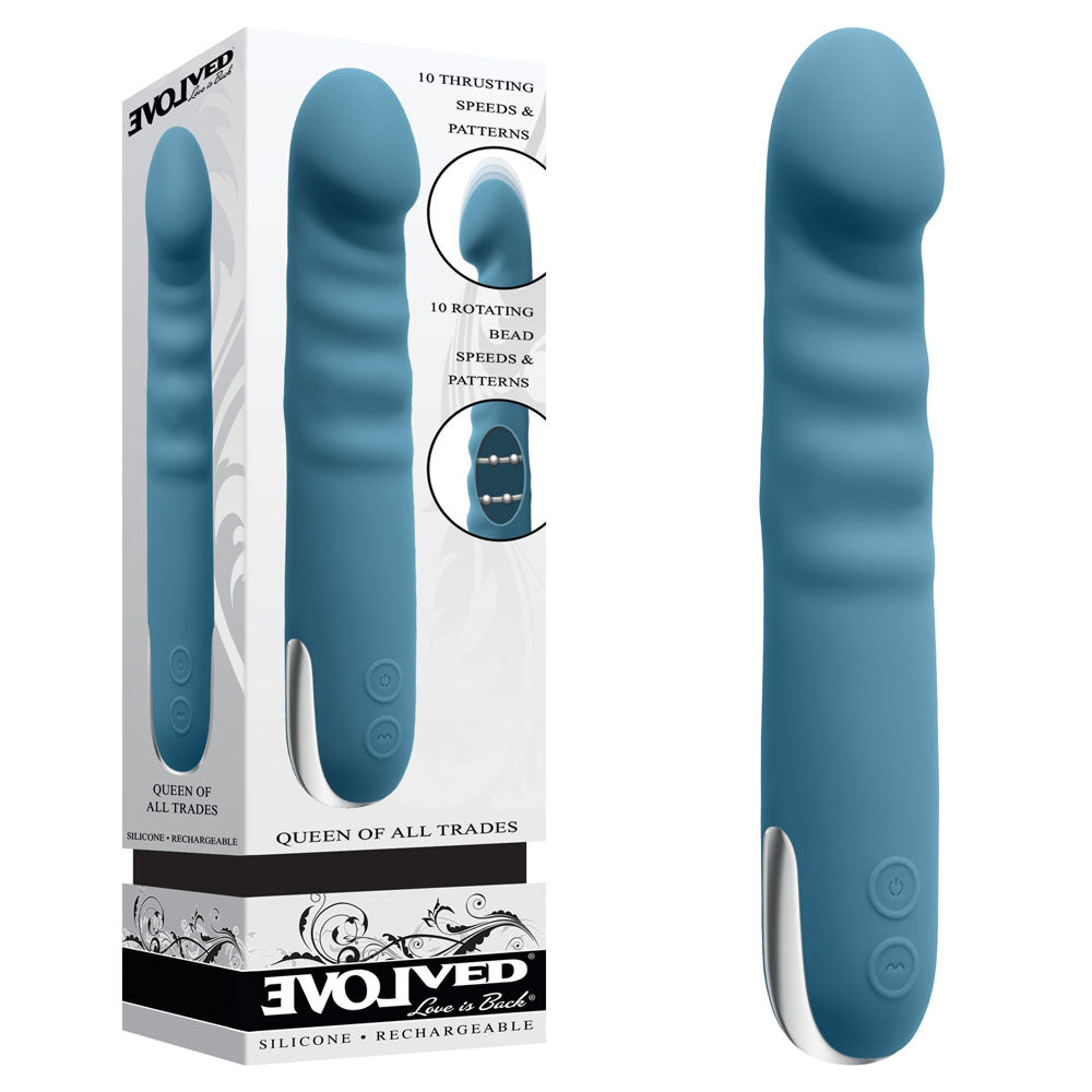 Evolved QUEEN OF ALL TRADES - Blue 22.6 cm USB Rechargeable Thrusting & Rotating Vibrator - Just for you desires