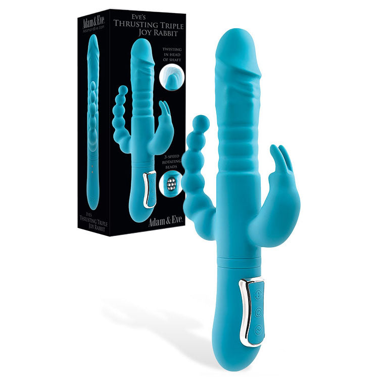 Adam & Eve THRUSTING TRIPLE JOY RABBIT - Teal 25.4 cm USB Rechargeable Rabbit Vibrator with Anal Probe - Just for you desires