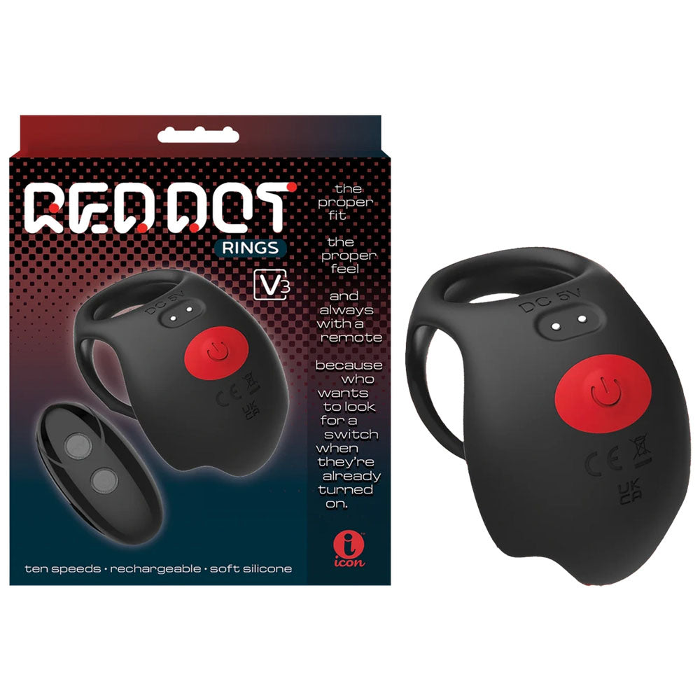 Red Dot Rings - V3 - Black USB Rechargeable Vibrating Cock & Ball Ring with Remote - Just for you desires