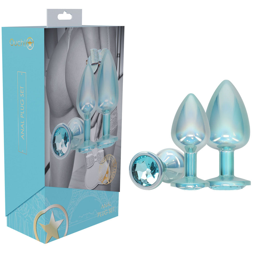 OUCH! Paris Collection - Metal Anal Plug Set - Blue - Metallic Blue Butt Plugs with Gem Bases - Set of 3 Sizes - Just for you desires