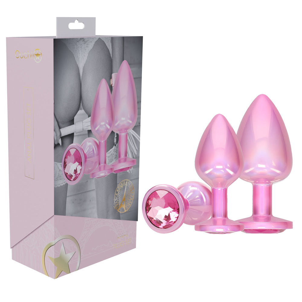 OUCH! Paris Collection - Metal Anal Plug Set - Pink - Metallic Pink Butt Plugs with Gem Bases - Set of 3 Sizes - Just for you desires