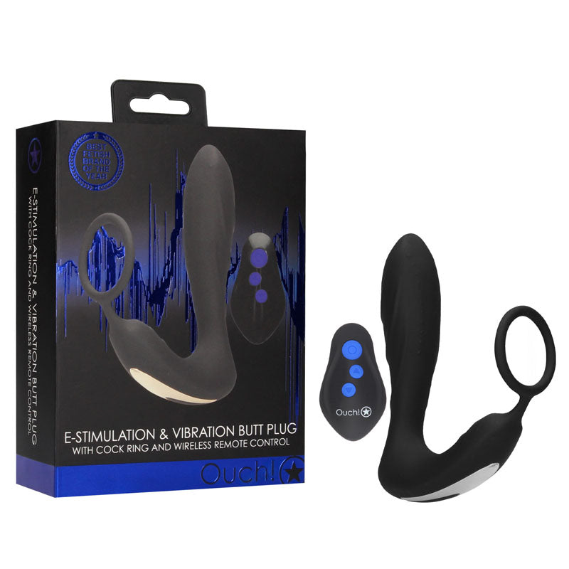 OUCH! E-stim & Vibrating Butt Plug Cock Ring - Black USB Rechargeable Vibrating Butt Plug & Cock Ring with e-Stim - Just for you desires