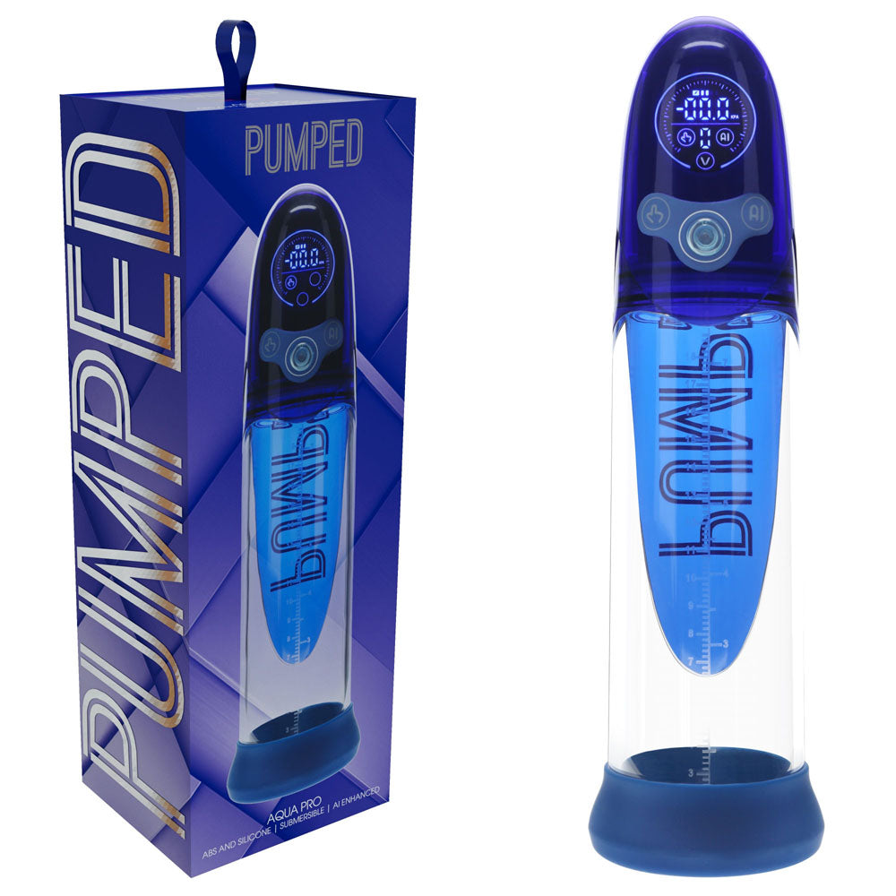 PUMPED Aqua-Pro Auto Pump - Blue - Blue/Clear USB Rechargeable AI-Enabled Submersible Auto Penis Pump - Just for you desires