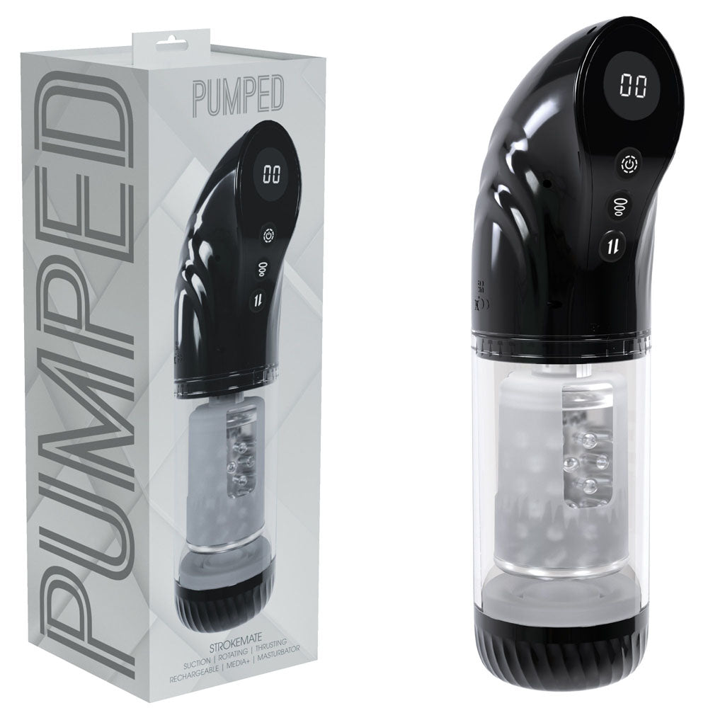 PUMPED Strokemate - Black/Clear USB Rechargeable Sucking Rotating and Thrusting Auto Masturbator - Just for you desires