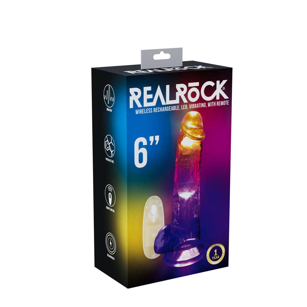 REALROCK 6'' with Balls Wireless Rechargeable LED Vibrating Dong - Clear with LED 16.2 cm USB Rechargeable Vibrating Dong with Remote - Just for you desires