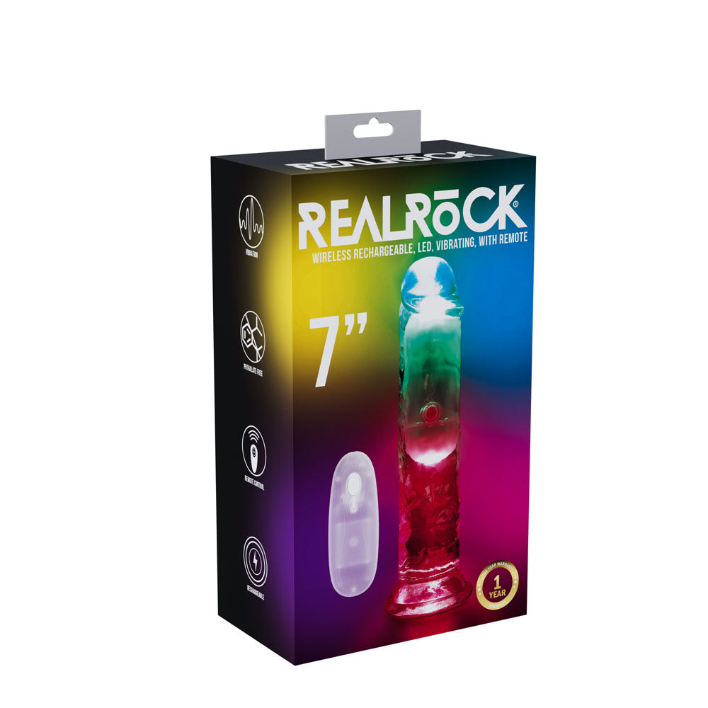 REALROCK 7'' No Balls Wireless Rechargeable LED Vibrating Dong - Clear with LED 20 cm USB Rechargeable Vibrating Dong with Remote - Just for you desires