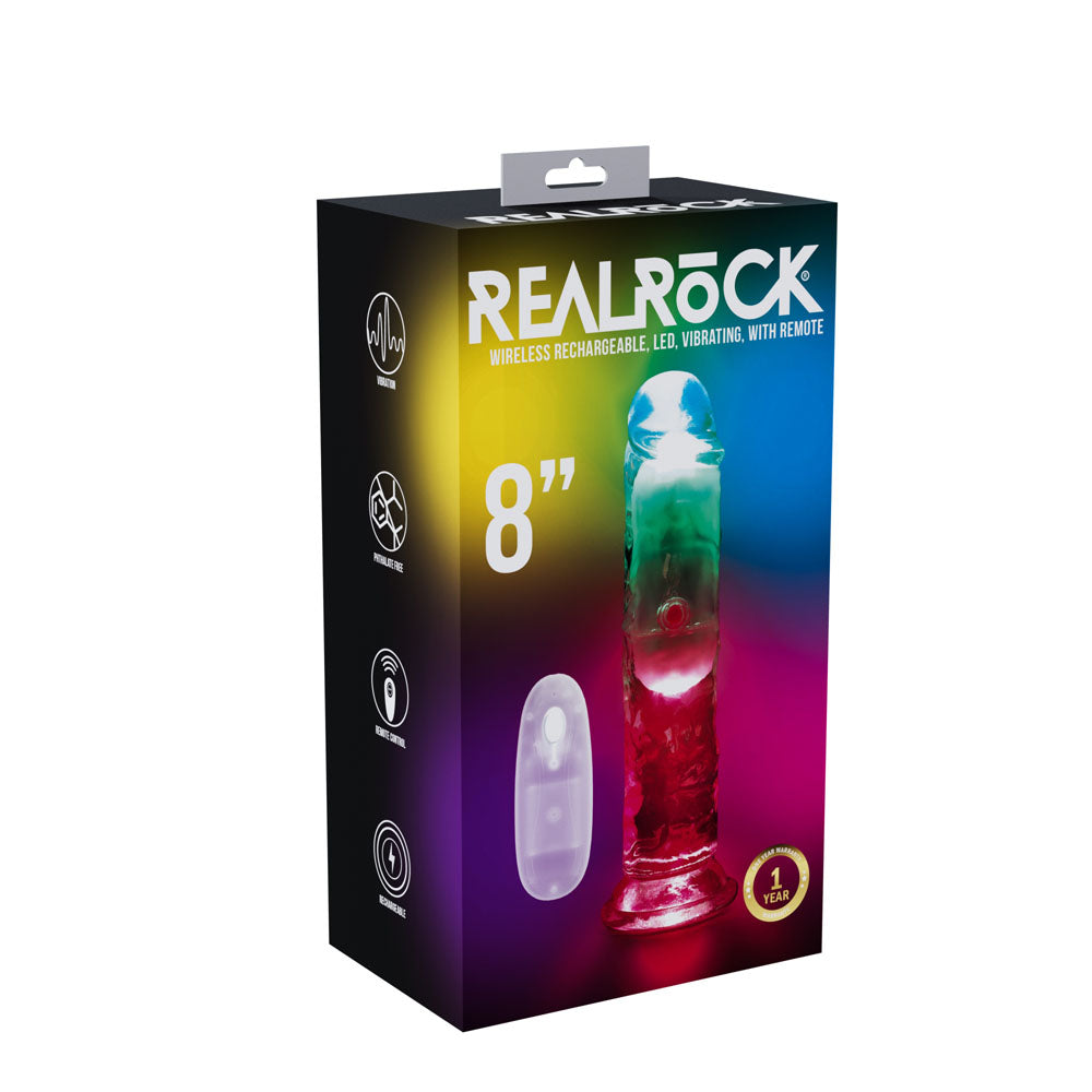 REALROCK 8'' No Balls Wireless Rechargeable LED Vibrating Dong - Clear with LED 22 cm USB Rechargeable Vibrating Dong with Remote - Just for you desires