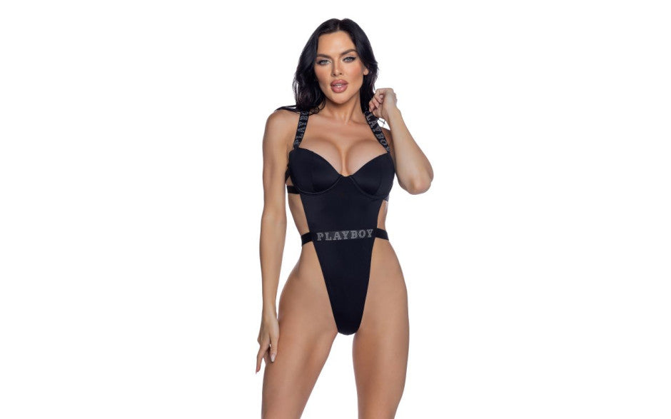 PlayBoy Black High-Leg 1 Pc Swimsuit with Rhinestone Logo - Just for you desires