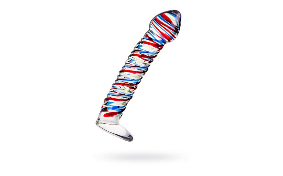 Sexus Glass Dildo Stripes w Base Blue/Red 16cm - Just for you desires