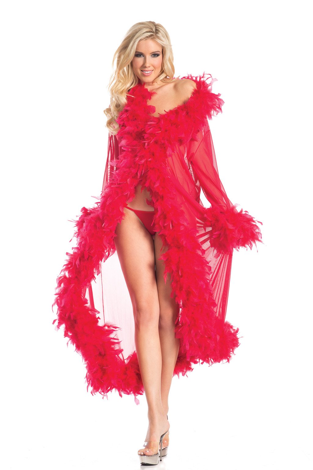 201512 - Sheer Glamour Robe With Feather Boa Trim - Just for you desires
