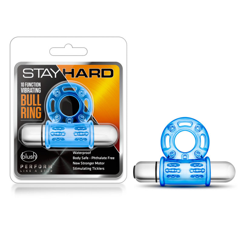 Stay Hard 10-Function Vibrating Bull Ring - Blue Vibrating Cock Ring - Just for you desires